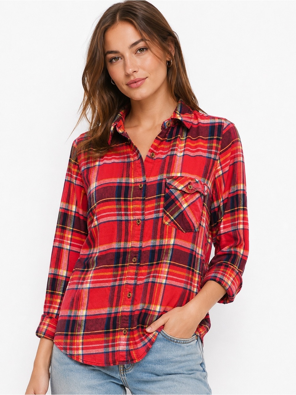 Forever 21 Red Plaid Cotton Button-Up Fall Layering Shirt Small